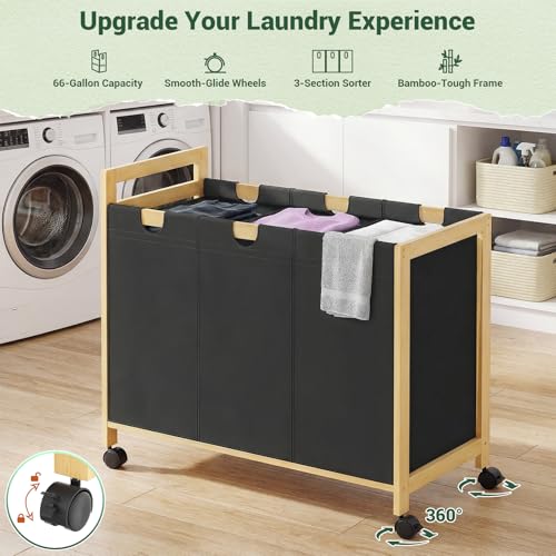 Homykic 250L Laundry Sorter Cart with Wheels, 3-Section Rolling Laundry Basket with Removable Bags, 66 Gal Large Laundry Hamper Organizer, Heavy Duty Bamboo Frame, Water-Resistant, Black - color: Black