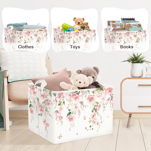 Clastyle Flower Girl Book Storage Basket Spring Summer Floral Women Clothes Organizer Bin Parents Gift Toy Box for Bedroom Shower, Pink Rose, 40x30x30 cm