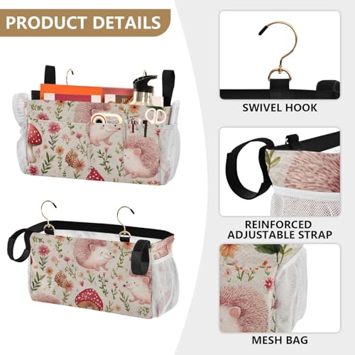 Bedside Caddy Metal Frame Hanging Organizer Bunk Bed Dorm Accessories Hook And Loop Storage Bag Large Pockets Cute Hedgehogs Mushroom Pink - color: Cute Hedgehogs Mushroom Pink