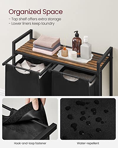 VASAGLE Laundry Hamper, Laundry Basket, Laundry Sorter with 2 Pull-Out and Removable Bags, Shelf, Metal Frame, 2 x 12.1 Gallons (46 L), 28.8 x 13 x 28.4 Inches, Ink Black and Rustic Brown UBLH201B01 - color: Black + Rustic Brown, size: 2 Bags - 92 L