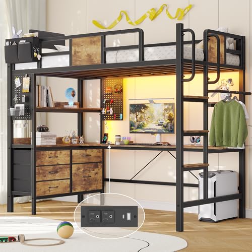 Dnxao Loft Bed Twin Size with L-Shaped Desk,Heavy Duty Metal Loft Bed for Adults Teens, 5 Storage Drawers & LED Lights,Charging Station,No Box Spring Needed, Space Saving for Small Room, Rustic Brown | Clothes Rack - color: Rustic Brown, size: Twin loft b