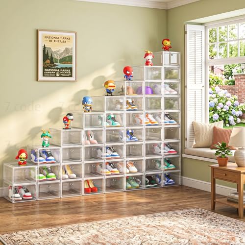 Thickened Clear Shoe Storage Organizer with Magnetic Door, Sturdy Stackable Shoe Boxes for Closet, Collapsible Space-Saving Shoe Rack for Sneakers & Boots, Plastic Shoe Cabinet Box Set, 6 Pack, White - color: White, size: 6 pcs