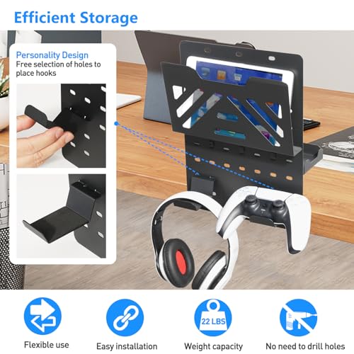 MAXECHO Desk Side Storage Holder, Metal Pegboard, Above or Under Desk Laptop Mount, Table Side Hanging File Organizer, Clamp On Cable Management Tray, Peg Board for Gaming, Office - color: Black, size: Single-deck with Cable Tray & Hooks