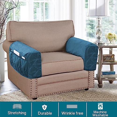 Non-Slip Sofa Armrest Protector,Thick Velvet Armrest Covers for Chairs and Sofas Couch with Side Pocket,Armrest Storage Organizer,Washable Arm Covers for Dogs，Set of 2 (Peacock Blue) - color: Peacock Blue