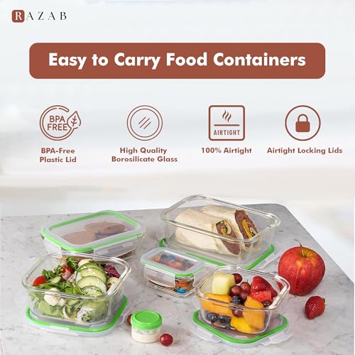 Razab 35 Pc Set Glass Food Storage Containers with Lids - Meal Prep Airtight Bento Boxes BPA-Free 100% Leak Proof (15 lids,15 glass & 5 Plastic Sauce/Dip Containers) - color: Green