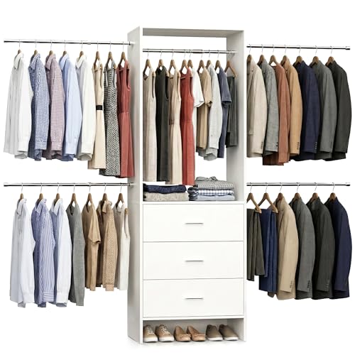COSIEST Closet System, Closet Organizer with Drawers and Expandable Hanging Rods, Closet Organizer System, Walk-in Closet Wardrobe Clothes Rack, I Shaped