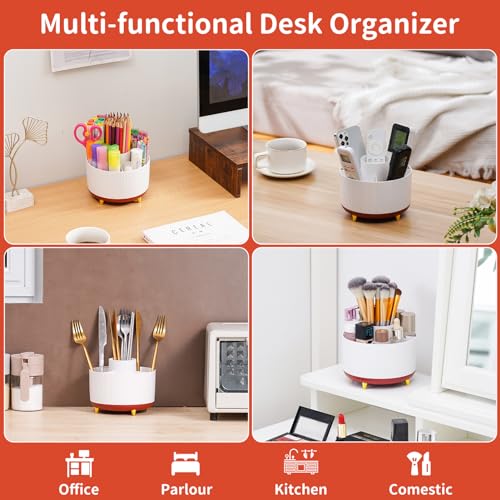 Marbrasse Desk Organizer, 360-Degree Rotating Pen Holder, Desk Organizers and Accessories with 5 Compartments Pencil Holder, Art Supply Storage Box Caddy for Office, Home (White+Red) - color: White+Red