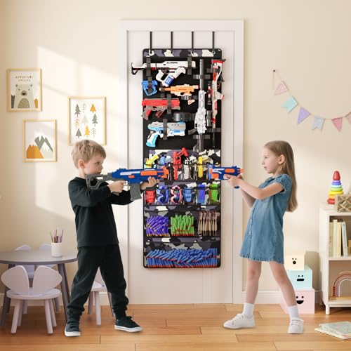 Over the Door Organizer for Toy Guns, Hanging Toy Guns Storage Organizer with Pockets and Slots for Kids Foam Blasters, Darts, Goggles, Toys Storage Door Hanger for Kids Rooms, Game Rooms, Camouflage - color: Multicolored