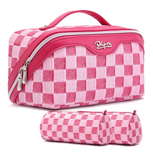 BOYATU Travel Makeup Bag for Women: Large Cosmetic Bag Set of 3 - PU Leather Make up Bag with Compartments - Compact Waterproof Toiletry Bag with Divider & Handle (D-4-Red) - color: D-4-Red
