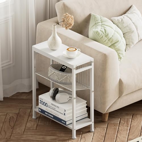 End Table Set of 2 for Small Space, 3-Tier Narrow Side Table with Magazine Holder,Small Nightstand, Skinny Snack Couch Table in Living Room, Bedroom Study and Balcony (White) - color: White-2pcs