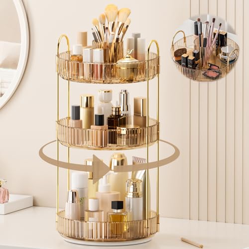 360° Rotating Makeup Organizer, Upgraded 3 Tier Skincare Perfume Organizers for Women, Bathroom Organizer Countertop, Clear Cosmetic Dresser Organizer with Makeup Brush Holder, Sink&Counter(Amber) - color: Gold, size: 3 Tier