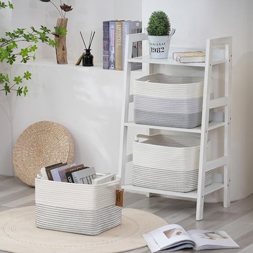COMFY-HOMI Cotton Rope Woven Basket with Handles for Shelves,Toys,Book, Cloth Storage Baskets Bin for Organizing-13.5"x11"x9.5" Toy Decorative Organizer for Living Room, Bathroom-White/Black Line - color: white/black line, size: 13.5"X11"X9.5"
