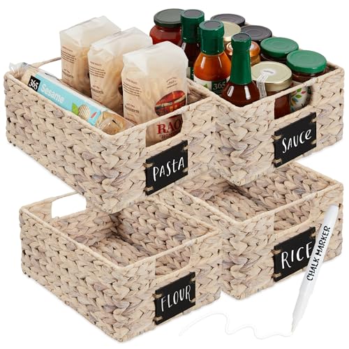 Best Choice Products Set of 4 9x12in Water Hyacinth Pantry Baskets, Woven Organizers w/Chalkboard Label, Chalk Marker - White - color: White, size: 9x12x5in