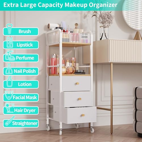HapiRm Rolling Makeup Cart Organizer - Floor Skincare Make Up Storage with 3 Non-woven Fabric Drawers, Vanity Organizer Cosmetic Display Cases Holder for Skin Care Perfume Nail Polish Brush Hair Tool - color: Natural