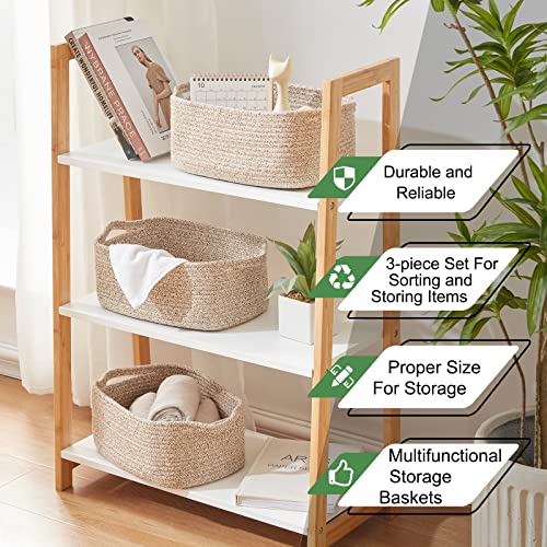 OIAHOMY Cotton Rope Baskets, Woven Baskets for Storage, Nursery Storage Baskets, Rectangle Storage Basket with Handles, Storage Baskets for Shelves, Pack of 3, Brown Variegated - color: Brown Variegated