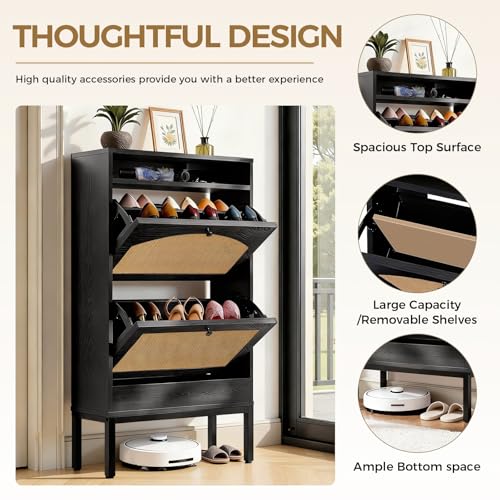 LUCKLIFE Shoe Cabinet with Charging Station, Flip Down Shoe Storage Organizer with Adjustable Shelves, Hidden Slim Shoe Rack with Anti-Tip Kit for Entryway or Hallway, Black Wood