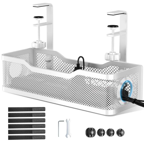 Cable Management Under Desk Tray, No Drill Cable Management Box with Clamp for Wire Organization, Cord Organizer for Office, Home - No Damage to Desk (White) - color: White