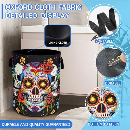 Sugar Skull Laundry Basket Skeleton Print Oxford Cloth Laundry Hamper With Handle Foldable Portable Clothes Storage Basket 18.9 X 16.5 In Storage Bag For Laundry Room/Bathroom/Bedroom/Dormitories - color: Sugar Skull