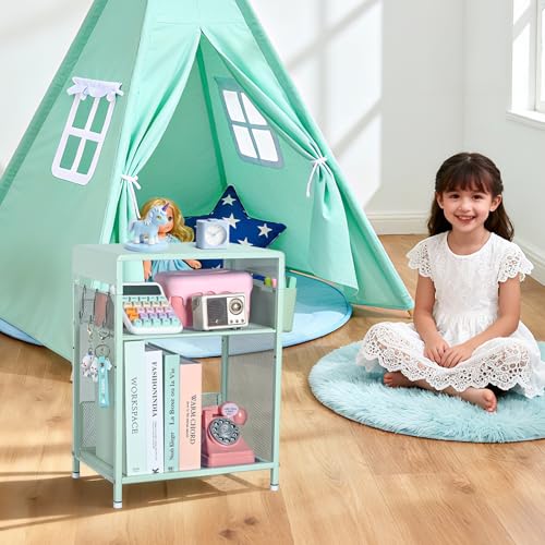 ECOLOVI Kids Nightstand 19in High for Floor Beds, 3-Tier Metal Small Bedside Table with Adjustable Storage Shelf, Basket & 3 S-Hooks, Low Nightstand for Nursery, Toddler Bedroom (Green) - color: Green