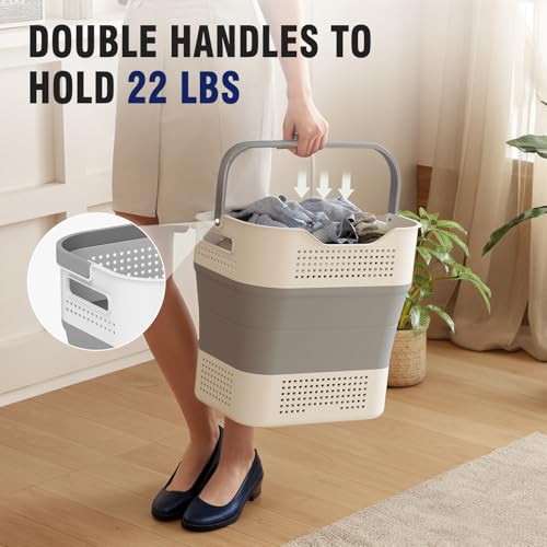 TECHMILLY Collapsible Plastic Laundry Basket Hamper with Handles, 35L Portable Rubber Clothes Basket, Pop Up Storage Container/Organizer with Hanging basket for Washing & Storage, Grey - color: Grey, size: 35L
