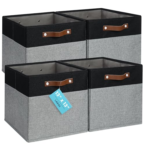 OrganiHaus 13" x 13" x 13" Cube Fabric Storage Bins Set of 4, Fabric Storage Cubes w/ Vegan Handles, 13 inch Collapsible Bins for Clothes & Toy Organizer, 13x13 Basket for Kallax - Grey/Black - color: Gray Base / Black, size: (13x13) Leather Handles