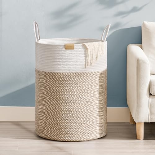 Nunsino Laundry Hamper 95L,Large Laundry Basket for Clothes,Decorative Storage Basket for Blankets,Cotton Rope Woven basket for bedroom,Brown White - color: Brown&White, size: 95L/25.1Gal