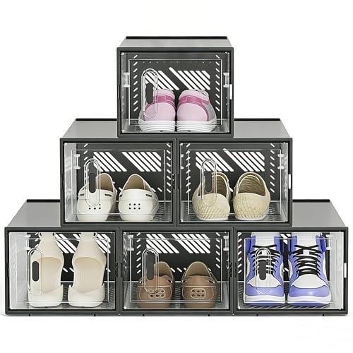 6-Pack Clear Plastic Stackable Shoe Storage Boxes for Sneakers, Boots, for Entryway, Living Room, Bedroom, Garage, Car Trunk, as Shoe Rack Substitute and Display Case for Small Space Organization - color: Black