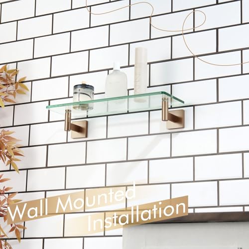 KOKOSIRI Wall Shelves Bathroom Hardware Glass Floating Shelf Small Hanging Rack Storage/Room Decor 16-Inch Champagne Bronze 2 Pack B1105CPG-L16-P2 - color: Champagne Bronze, size: 16-Inch(2 Pack)