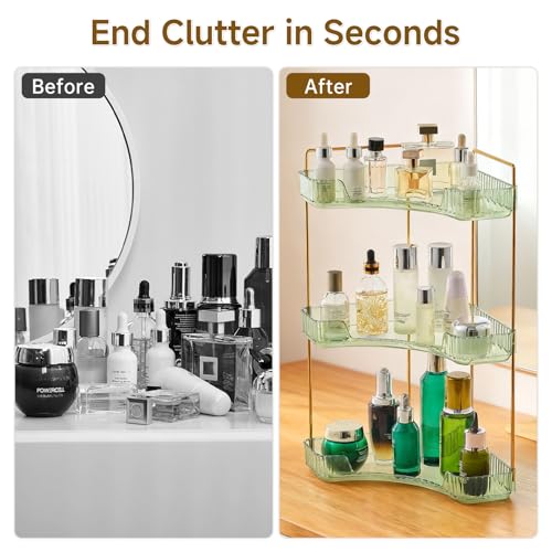 Ceruaxb 3-Tier Corner Bathroom Counter Organizer, Plastic Countertop Makeup Organizer, Large Capacity Vanity Bathroom Perfume Shelf Rack for Kitchen Office Desktop (Green) - color: Green