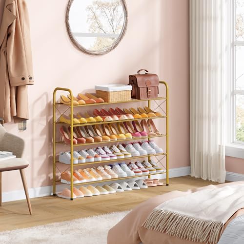 Hoctieon 5 Tier Shoe Rack for Closet, Durable Mesh Style Shoe Rack, Entryway Shoe Shelf, Shoe Storage Organizer for Hallway, Bedroom, Living Room, Wardrobe, Gold - color: Gold, size: 5 Tier