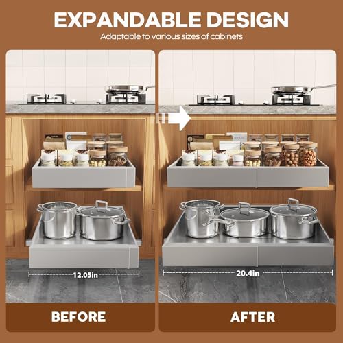 Seinloes 2Pack Expandable Pull Out Cabinet Organizer 21"Deep With Raising Pad for Framed Cabinets, Upgrade 3 Slide Rails Slide Out Drawers,Roll Out Shelves Adhesive,Adjustable Width 12.05"-20.4"Silver - color: Silver, size: 21"D x 12.05"-20.4"W(2Pack)