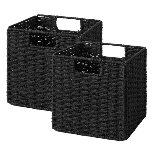 StorageWorks 9 inch Wicker Storage Cubes, Handwoven Wicker Baskets for Storage, Square Cube Basket, Foldable Paper Rope Basket for Organizing, Black, 2 Pack - color: Black, size: 9"L x 9"W x 9"H