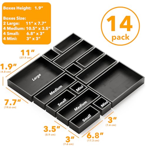 SpaceAid 14-Piece Bamboo Drawer Organizer Storage Boxes Set, Wood Tray Junk Drawer Organizers Multi-Use Divider Bins for Kitchen, Bathroom, Office Desk and Makeup Organization (14 Pack, Black) - color: Black
