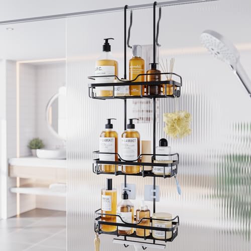 Skyapex Shower Caddy Over the Door Organizer: Bath Rack Hanging Over Glass with Hooks - Storage Shelf Inside Bathroom for Shampoo - Matte Black - color: Matte Black