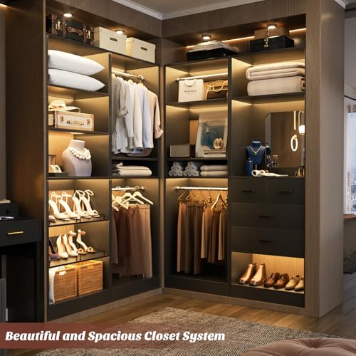 Unikito 50” Closet System with 4 Drawers, 4.2FT Wood Closet Organizer with Hanging Rods and Mirror, Reversible Small Walk in Closet Wardrobe, Adjustable Sturdy Clothes Garment Rack, Set of 2, Black - color: Black, size: 50 Inch