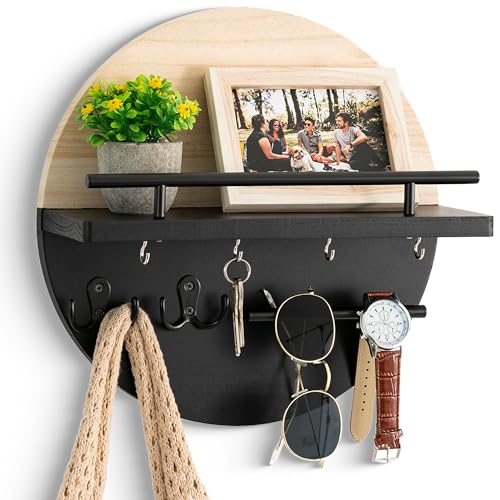 dreampossible Key Holder for Wall Decorative with Shelf and Hooks, Mail Organizer Wall Mount with Sunglasses Holder, Circular Design Entryway Key Rack Hanger, Rustic Home Decor - color: Light brown&Black