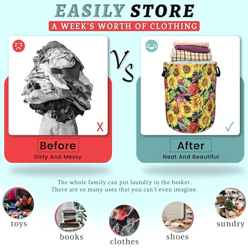Yellow Sunflowers Laundry Basket Foldable With Handles Tote Bag Oxford Cloth Colorful Floral Laundry Hamper Clothes Storage Bucket Toy Organizer 18.9" x 16.5" For Bathroom/Laundry/Bedroom - color: Yellow Sunflowers Floral