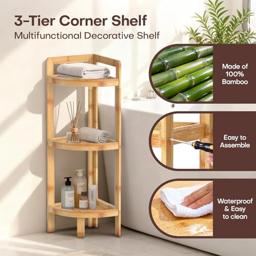 2026 New Bamboo Standing Shelf, 3 Tier Corner Shelf Stand, Free-Standing Shelf Units, Triangular Curved Corner Shelf Stand for Space-Saaving Display Ideal for Bathroom/Kitchen/Living Room Storage - size: 3-Tier