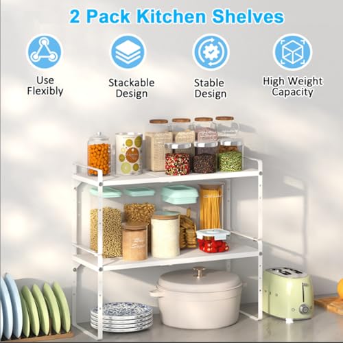 15.5 to 25.5 Inch Expandable Kitchen Cabinet Organizer Shelf, 30 LBS Heavy Duty Stackable Kitchen Counter Storage Shelves Organizers, 2 Pack Adjustable Small Storage Shelf Rack For Cabinet Cupboard - color: White, size: 2 Pack:15.5"-25.5"Long