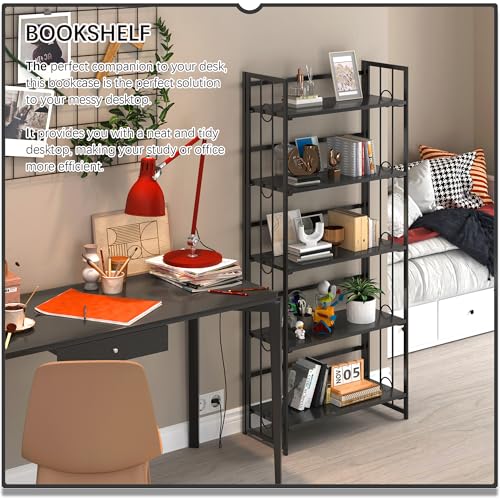 4NM No Assembly 5 Tiers Folding Bookshelf, 59.4" H Foldable Storage Shelves Vintage Bookcase Standing Racks Study Organizer Home Office - All Black - color: All Black, size: 5-Tier
