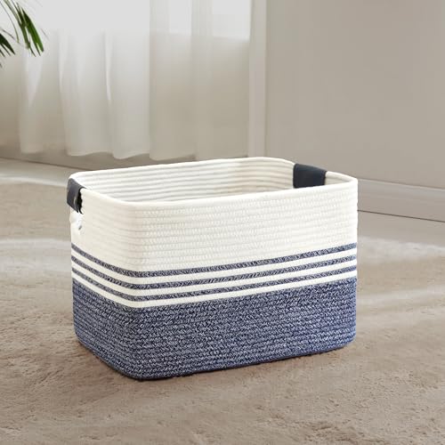 45L Small Laundry Basket with Leather Handles for Living Room Storage, Woven Rope Baskets Bin for Blanket, Kids Toy, Gifts, Wicker Hamper for Bedroom Dirty Clothes, 18"x14"x11" Denim Blue - color: Denim Blue, size: 45L
