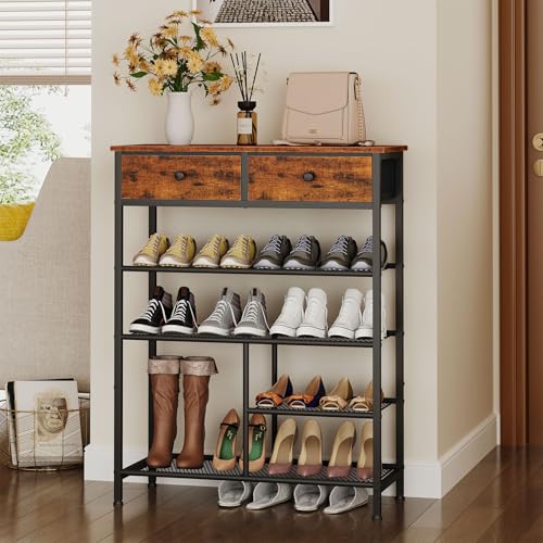 Snughome Shoe Rack, 5 Tier Shoe Storage Organizer with 2 Drawers, Shoe Storage Shelves with Sturdy Wooden Top and Metal Shelves, Free Standing Shoe Rack for Entryway Closet - size: 5 Tier (37.08"H)