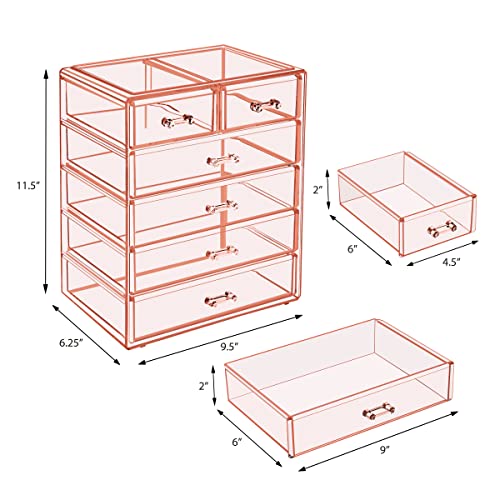 Sorbus Acrylic Makeup Organizer Set, 6-Drawer Vanity & Countertop Cosmetic Storage with Small & Wide Drawers, Pink Makeup Storage for Brushes, Lipsticks, Jewelry – Holiday Gift for Women & Teens - color: Pink, style: 4 Large, 2 Small Drawers