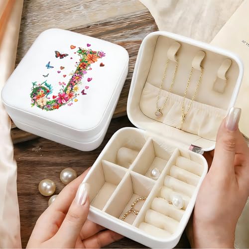 Monogram Jewelry Box Portable Print Jewelry Box, White Compact Jewelry Box Travel Jewelry Case Travel Case Organizer Bag Storage Box Jewelry Holder For Necklace Earrings Rings Bracelet (Letter J)