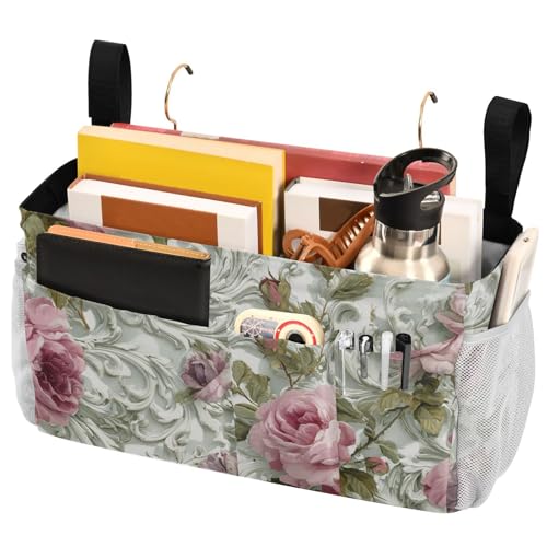 Bedside Caddy Metal Frame Hanging Organizer Bunk Bed Dorm Accessories Hook And Loop Storage Bag Large Pockets Lavender Pink Rose Flowers - color: Lavender Pink Rose Flowers