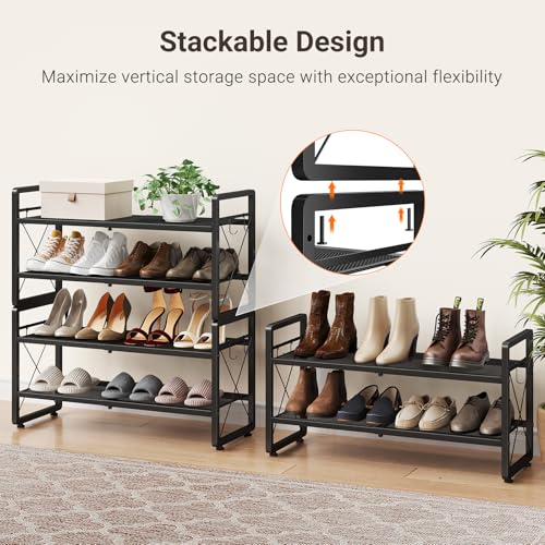 ELYKEN Shoe Rack, 4-Tier Expandable Shoe Organizer for Entryway, Metal Black Shoe Shelf with 4 Hooks, Adjustable Shoe Stand Holder for Closet, Garage, Door Entrance - size: 4-Tier