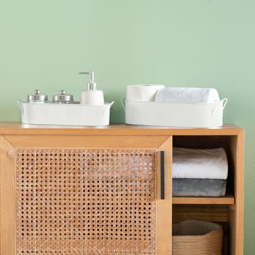 Mkono Metal Storage Basket for Toilet Tank Top Bathroom Decor, Galvanized Tray with Handle for Shelves, Farmhouse Toilet Paper Holder Organizing Bin Box for Countertop Living Room, Set of 2, White - color: White