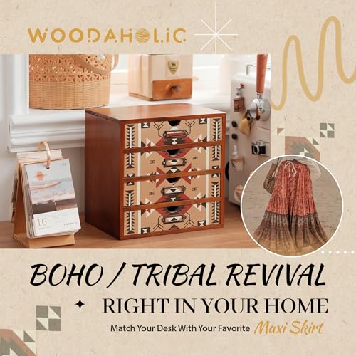 Boho Navajo Wooden Desk Organizer with Drawers – 4-Drawer Desktop Storage Box – Rustic Tribal Wood Desk Organizer for Office, Vanity, or Craft Supplies – Compact & Stylish Wooden Storage Drawers - color: Light Tribal Boho