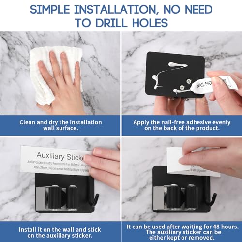 Mop Broom Holder Wall Mount, Stainless Steel, Rust Resistant, Heavy Duty, No Drill,Self-adhesive Broom Holder Wall Mount with Hooks 4Pcs for Bathroom, Kitchen, Garage, Black