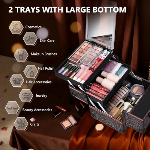 Joligrace Makeup Train Case Cosmetic Box Portable Makeup Case Organizer 2 Trays Makeup Storage with Mirror Locking for Cosmetologist Aesthetic Supplies Nail Tech Traveling Makeup Box Dark Brown - color: Dark Brown
